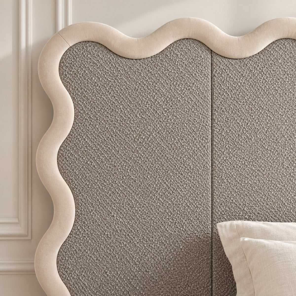 Brindisi bed in grey with cream border, headboard close-up