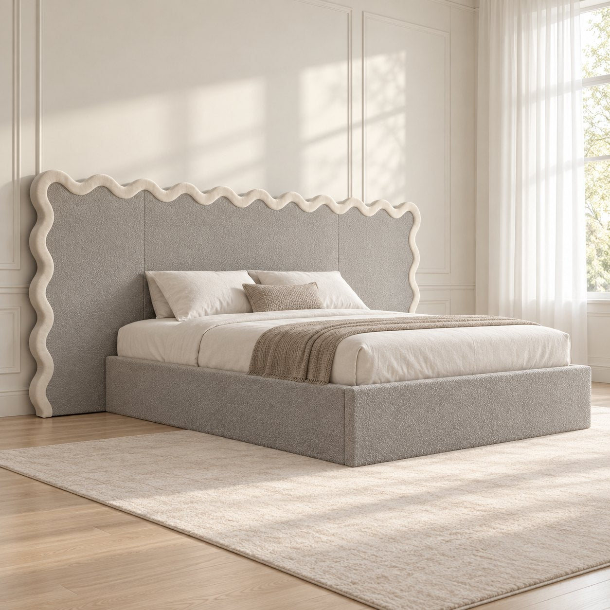 Brindisi bed in grey with cream border, side view