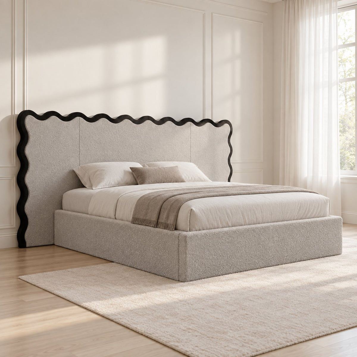 Brindisi bed in pebble with black border, side view