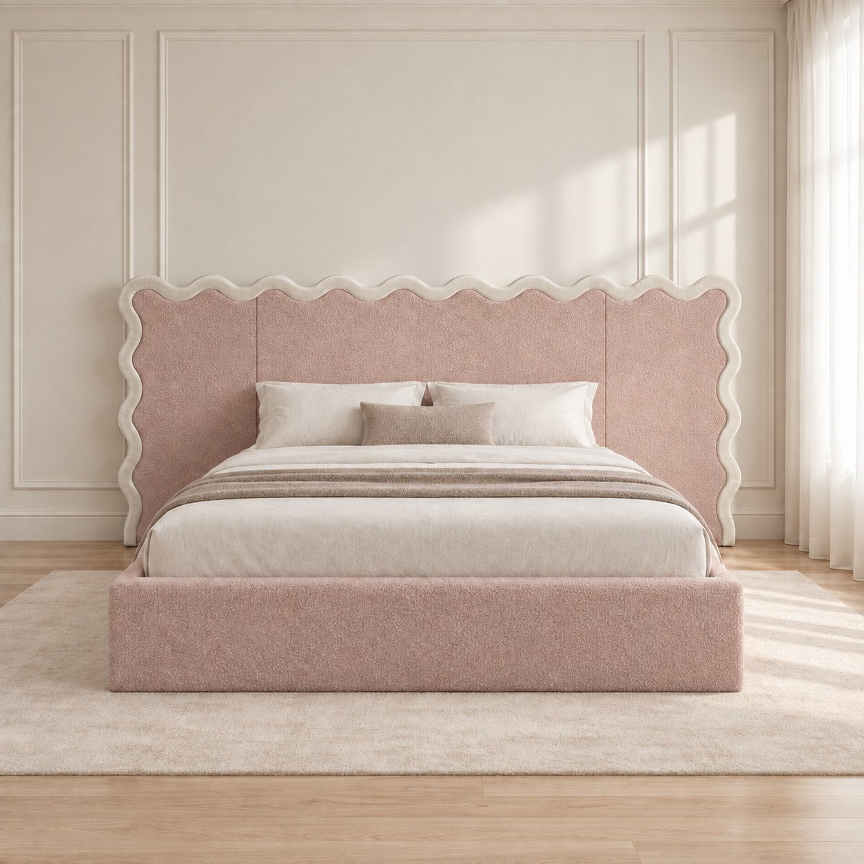 Brindisi bed in pink with cream border, front view
