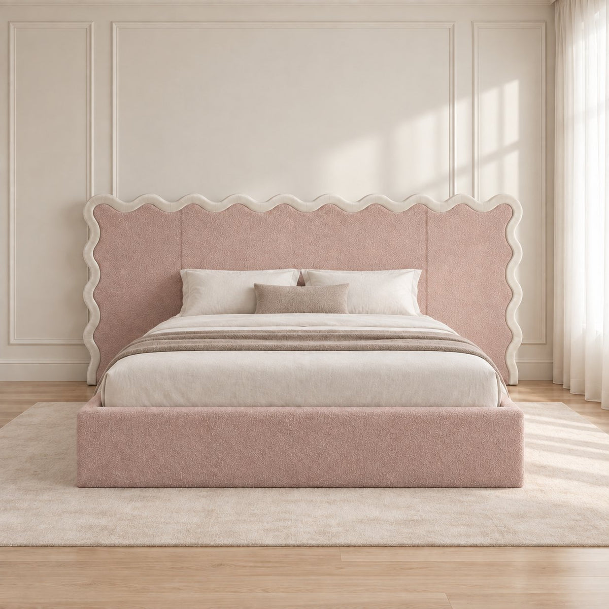 Brindisi bed in pink with cream border, front view