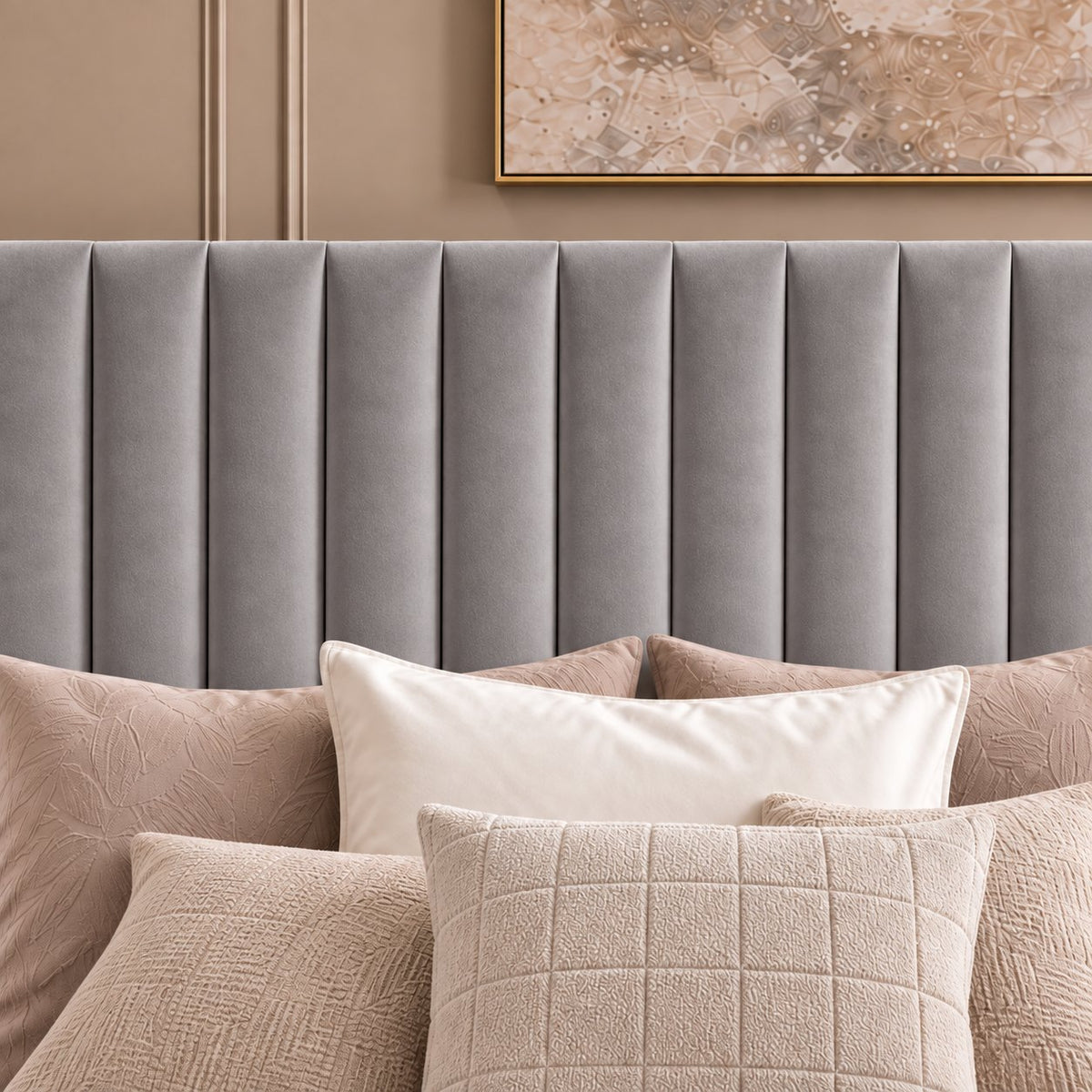 Chioggia divan bed in grey, headboard close-up