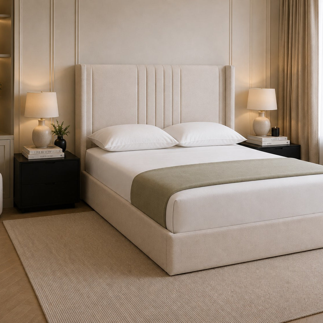 Como Vertical Line Winged Headboard Upholstered Bed Frame