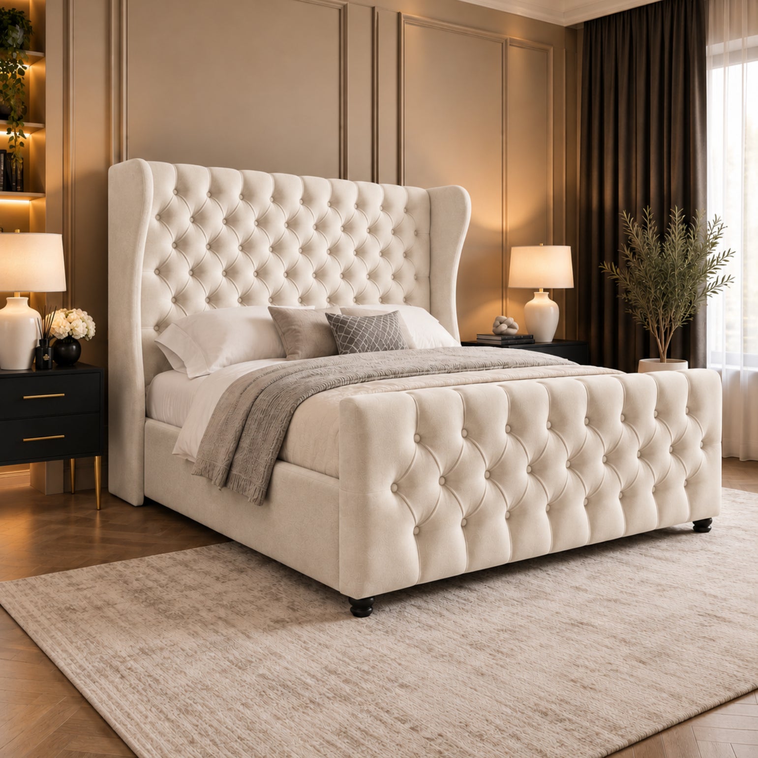Donati Straight Curved Top Upholstered Soft Velvet Bed Frame