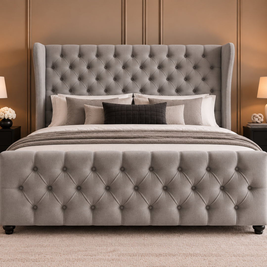 Donati Straight Curved Top Upholstered Soft Velvet Bed Frame