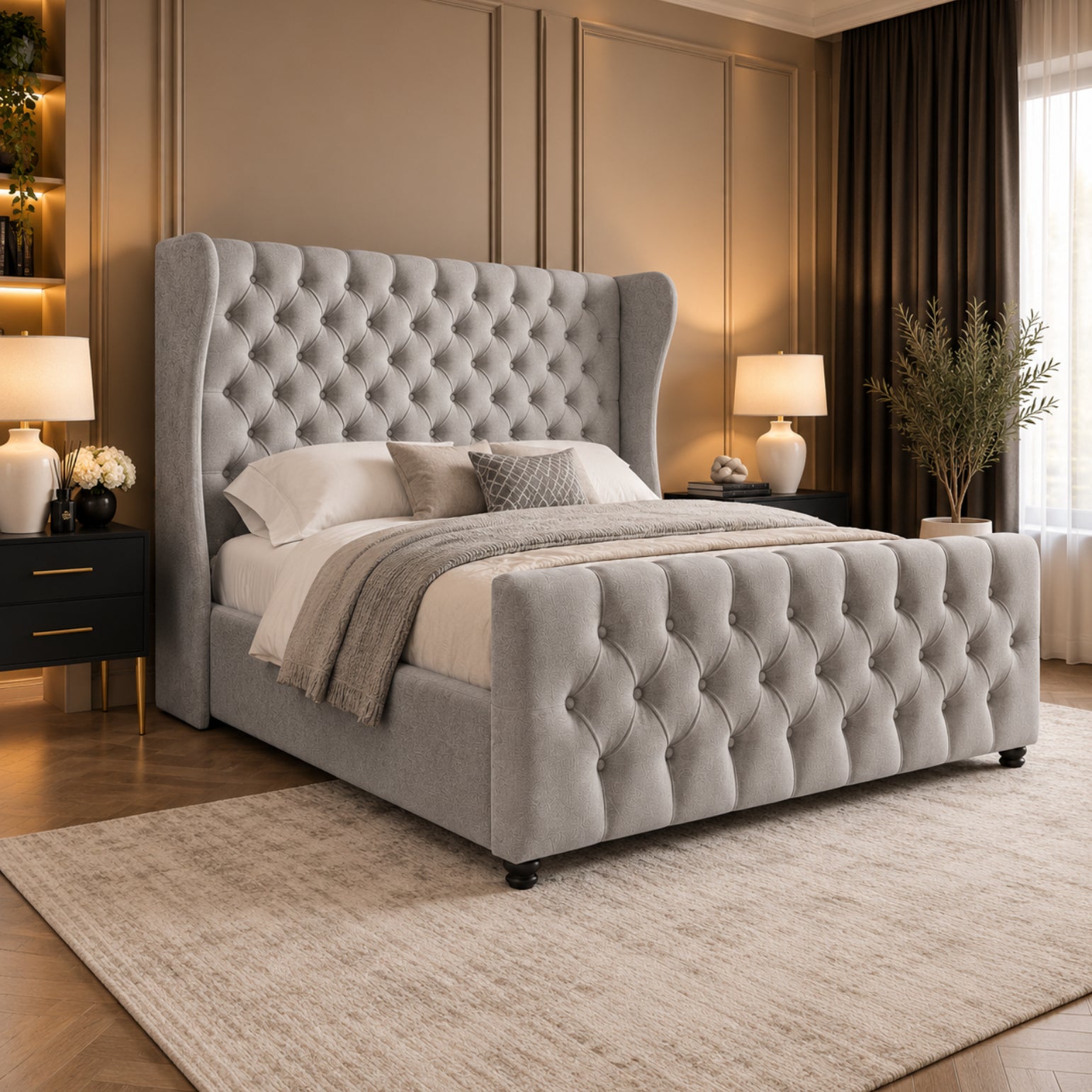 Donati Straight Curved Top Upholstered Soft Velvet Bed Frame