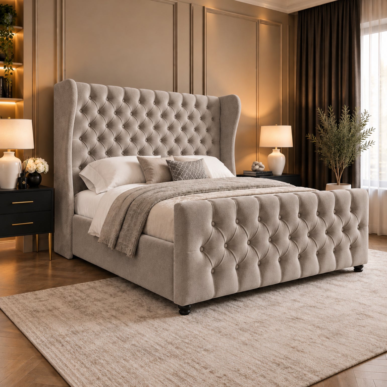 Donati Straight Curved Top Upholstered Soft Velvet Bed Frame