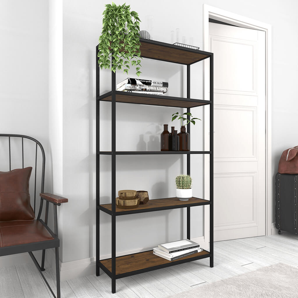 Ealing Mexican Pine Bookcase – Industrial 5-Tier Wooden Shelving Unit