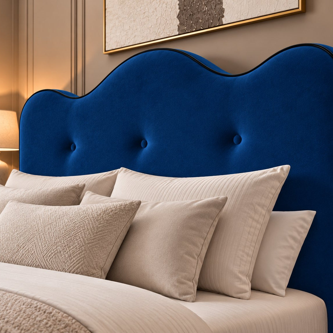 Erice bed in blue, headboard close-up