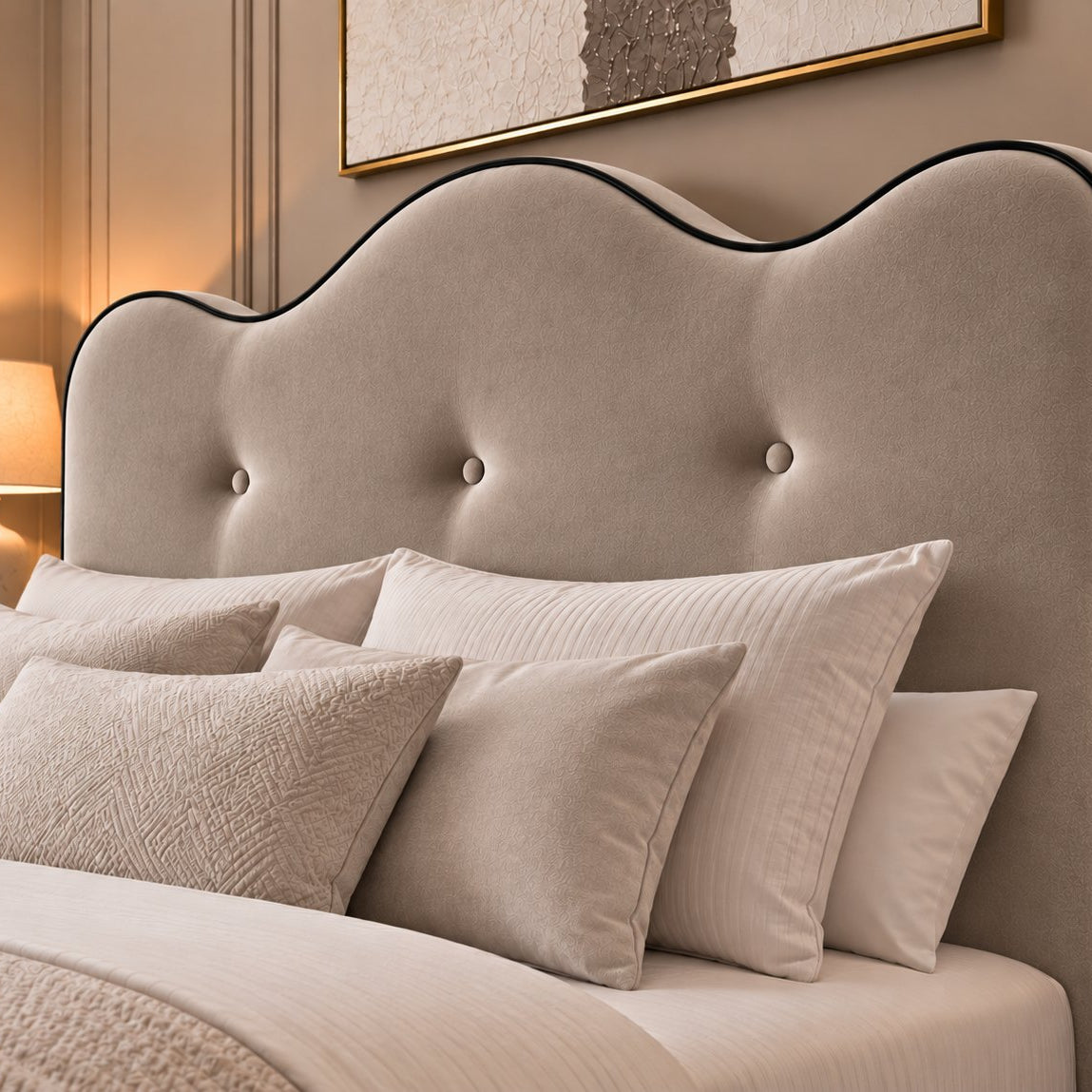 Erice bed in pebble, headboard close-up