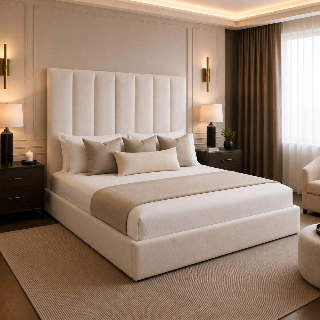 Firenze Wide Vertical Panelled Tall Headboard Upholstered Bed Frame