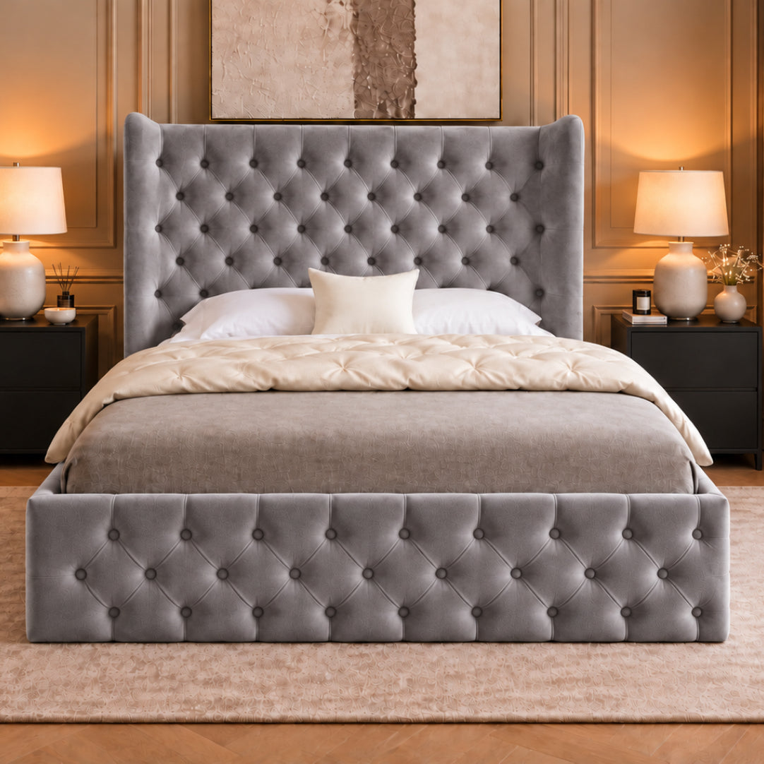 Florence Wide Winged Upholstered Soft Velvet Bed Frame