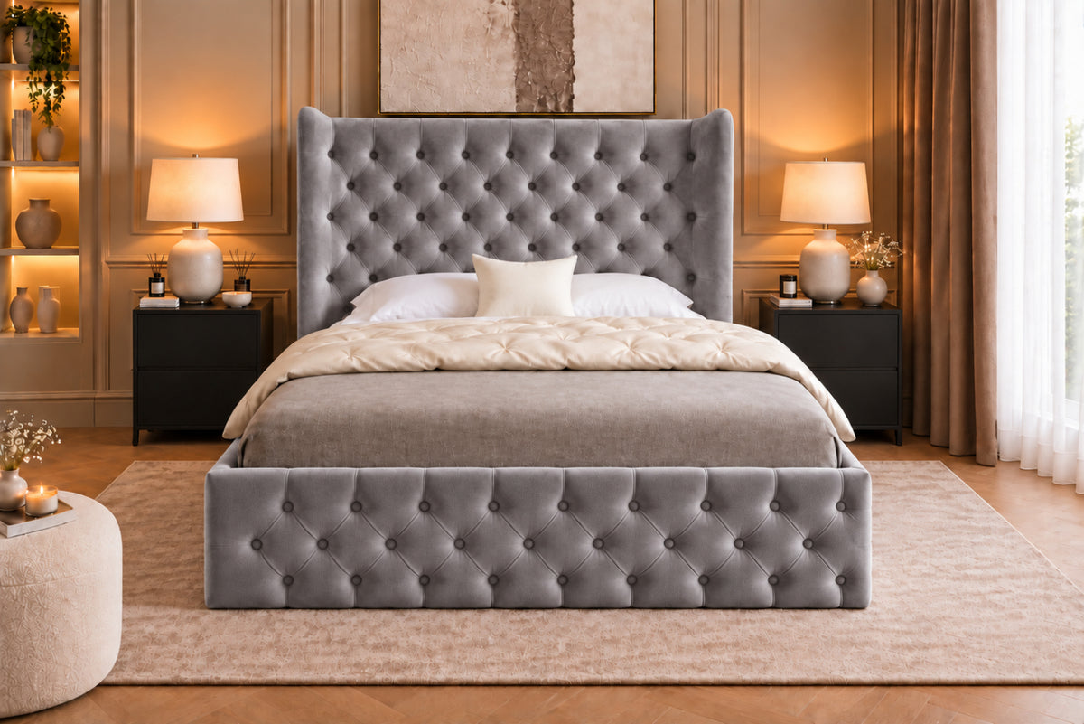 Florence Wide Winged Upholstered Soft Velvet Bed Frame