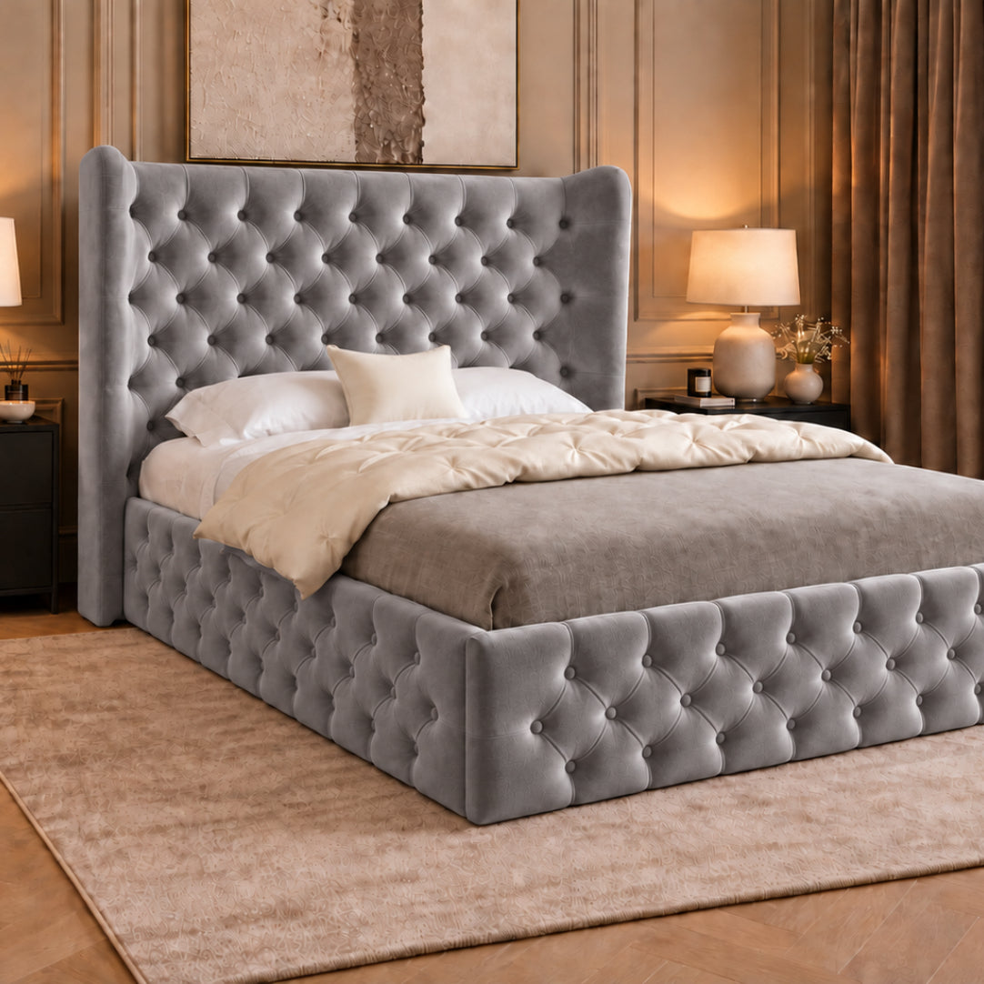 Florence Wide Winged Upholstered Soft Velvet Bed Frame