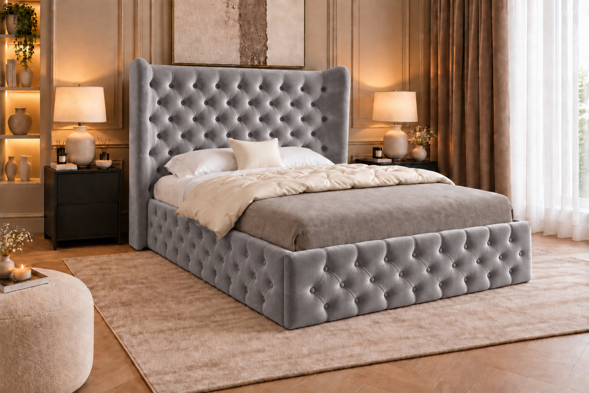Florence Wide Winged Upholstered Soft Velvet Bed Frame