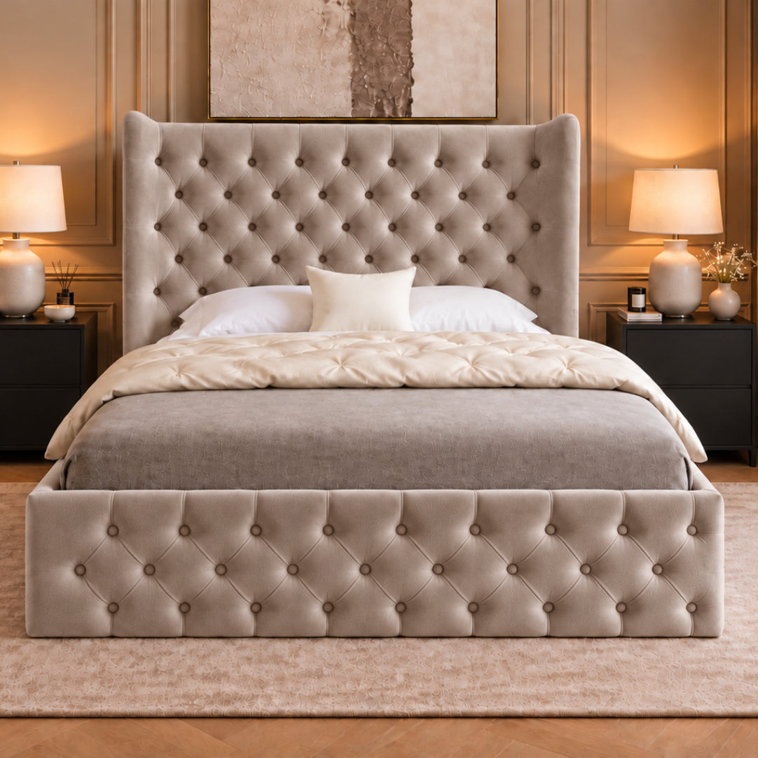 Florence Wide Winged Upholstered Soft Velvet Bed Frame
