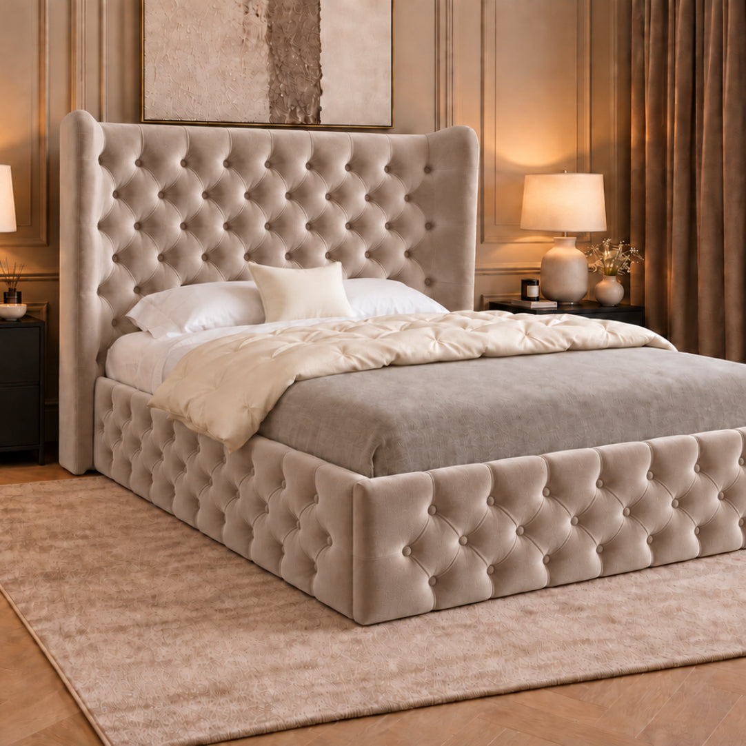 Florence Wide Winged Upholstered Soft Velvet Bed Frame