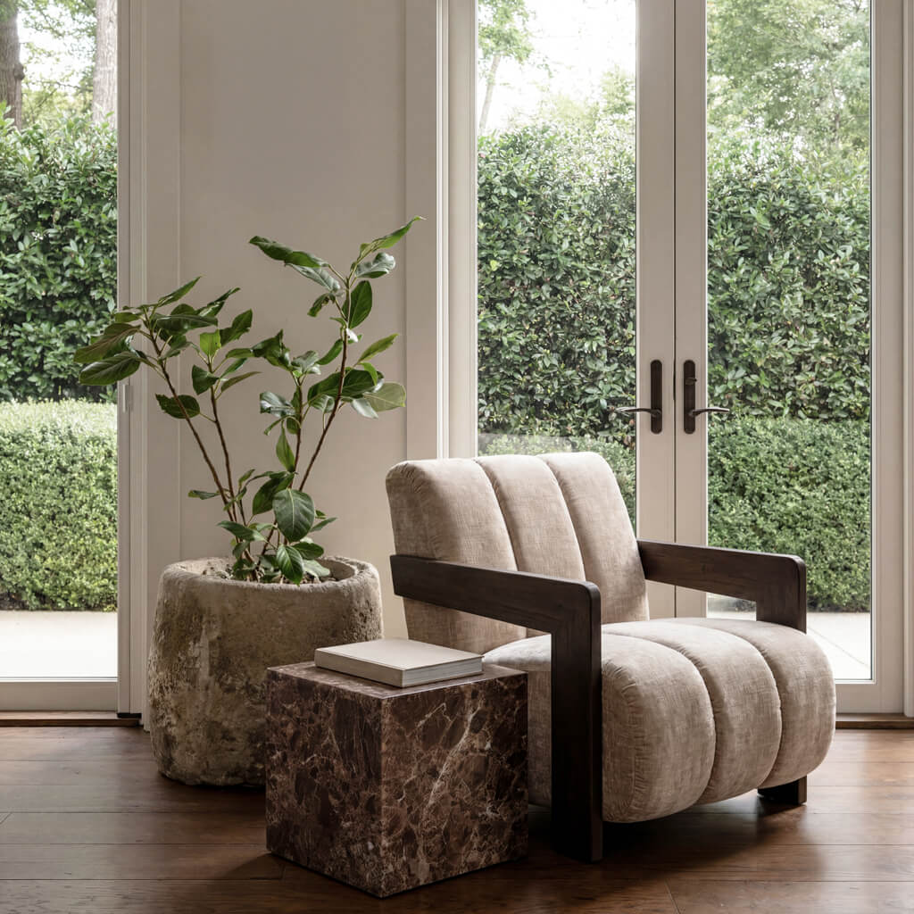 Hudson Porcelain Fabric Armchair with Dark Wood Frame