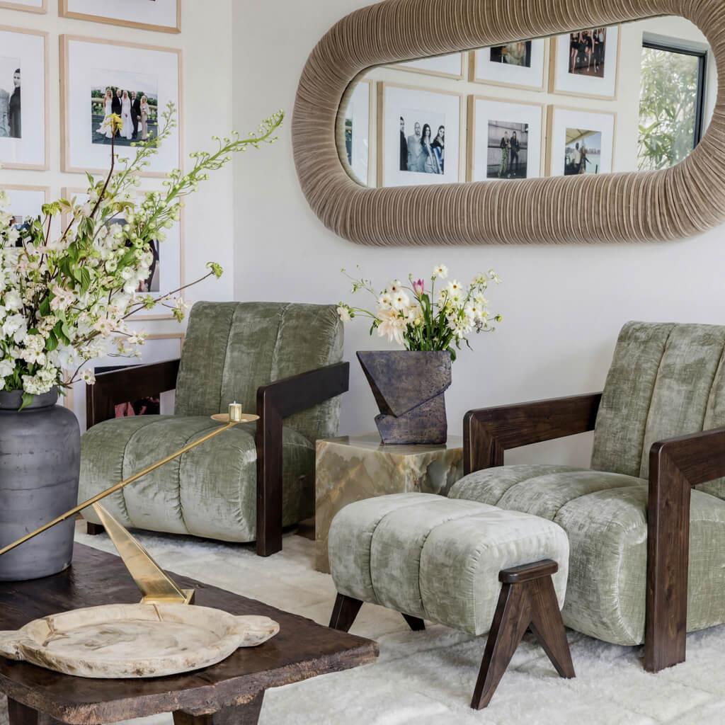 Hudson Porcelain Fabric Armchair with Dark Wood Frame