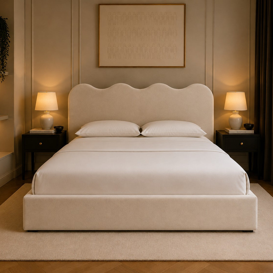 Ischia Wavy Top Headboard Upholstered Bed Frame