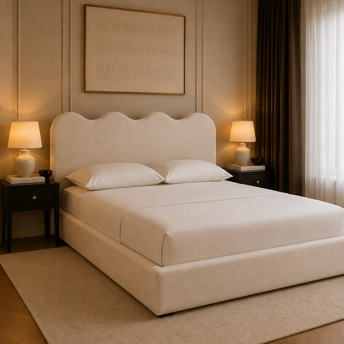Ischia Wavy Top Headboard Upholstered Bed Frame