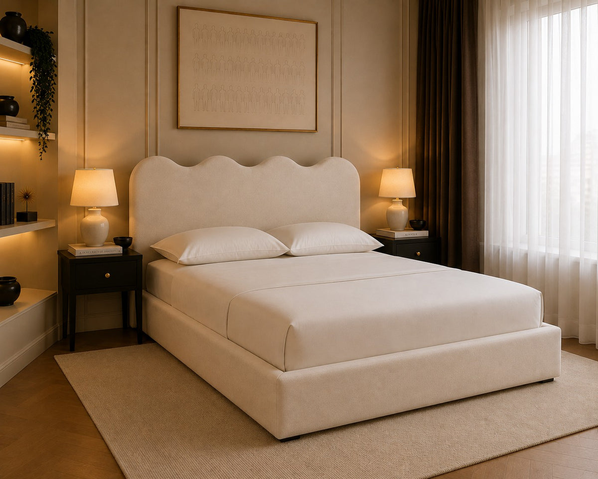 Ischia Wavy Top Headboard Upholstered Bed Frame