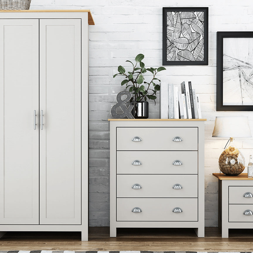 Lancaster Grey Oak Bedroom Set – 1 Wardrobe, 1 Bedside & 1 Chest of Drawers
