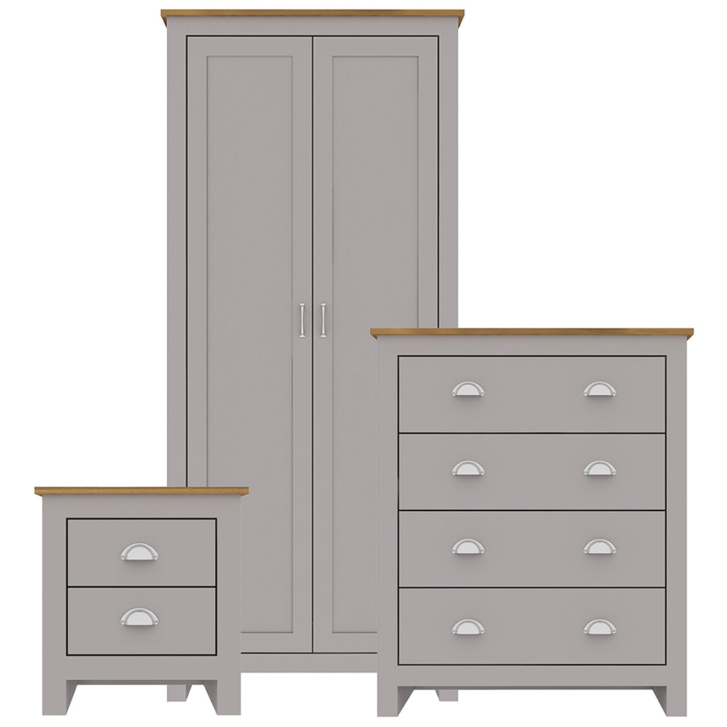 Lancaster Grey Oak Bedroom Set – 1 Wardrobe, 1 Bedside & 1 Chest of Drawers