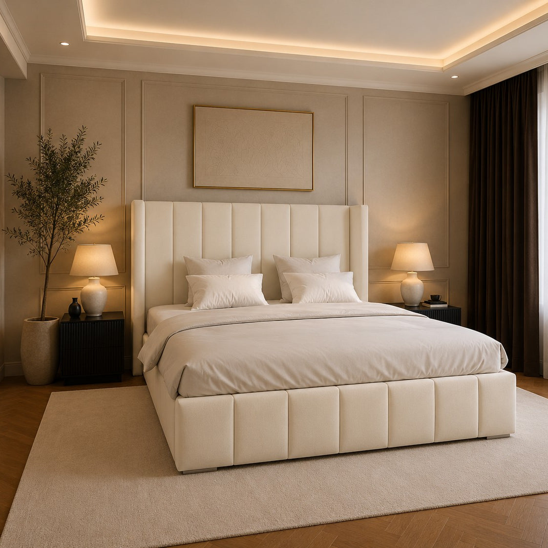 Lecce Winged Vertical Channel Headboard and Panelled Base Upholstered Bed Frame