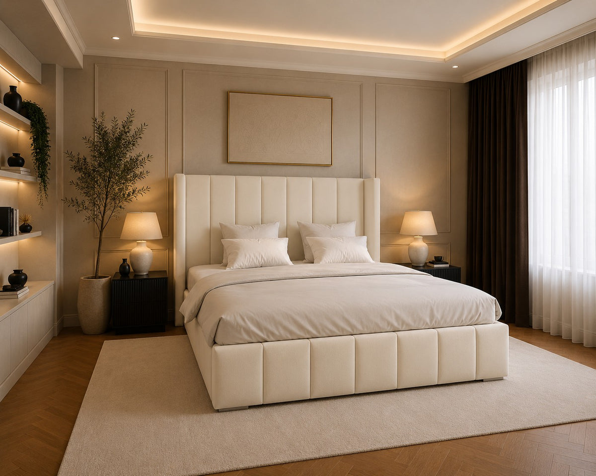 Lecce Winged Vertical Channel Headboard and Panelled Base Upholstered Bed Frame