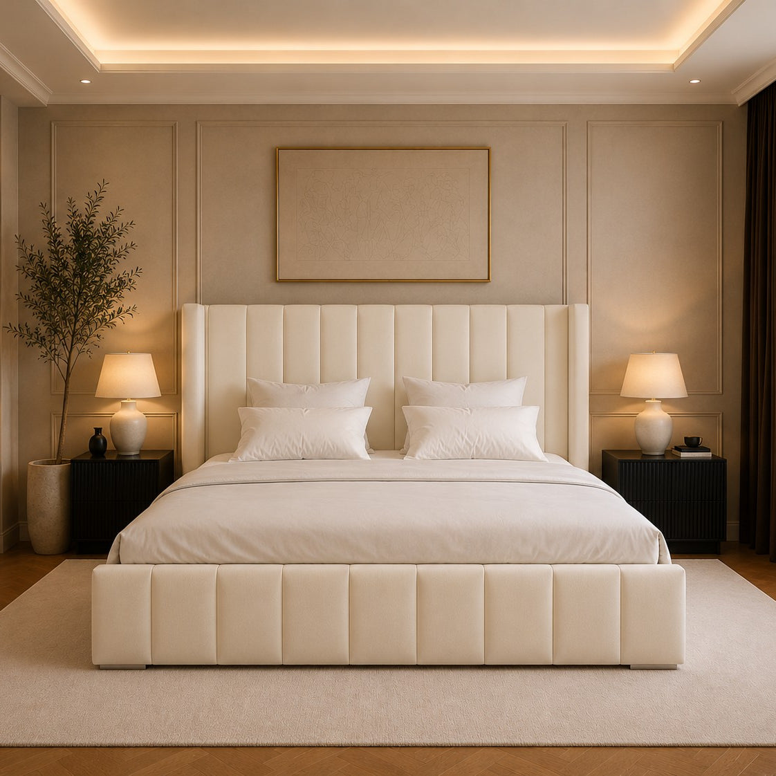 Lecce Winged Vertical Channel Headboard and Panelled Base Upholstered Bed Frame