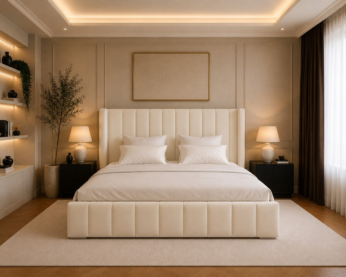 Lecce Winged Vertical Channel Headboard and Panelled Base Upholstered Bed Frame