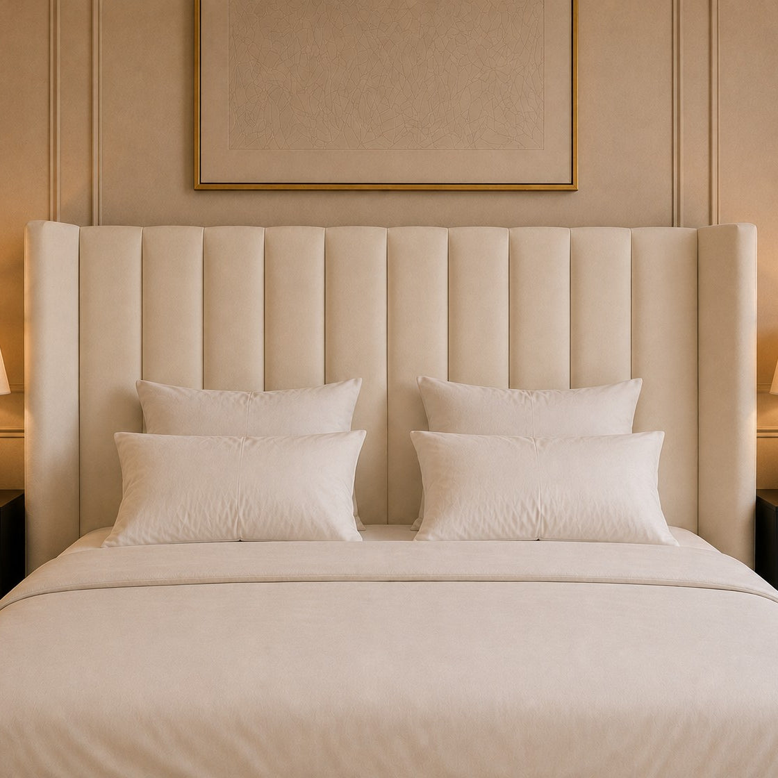 Lecce Winged Vertical Channel Headboard and Panelled Base Upholstered Bed Frame
