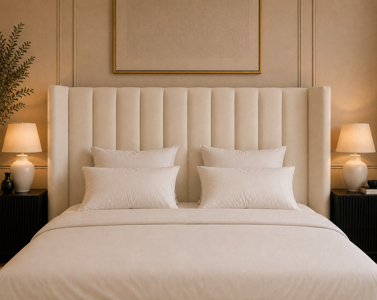 Lecce Winged Vertical Channel Headboard and Panelled Base Upholstered Bed Frame