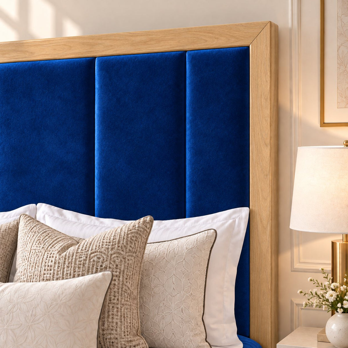 Lucera bed in blue with light oak border, headboard close-up