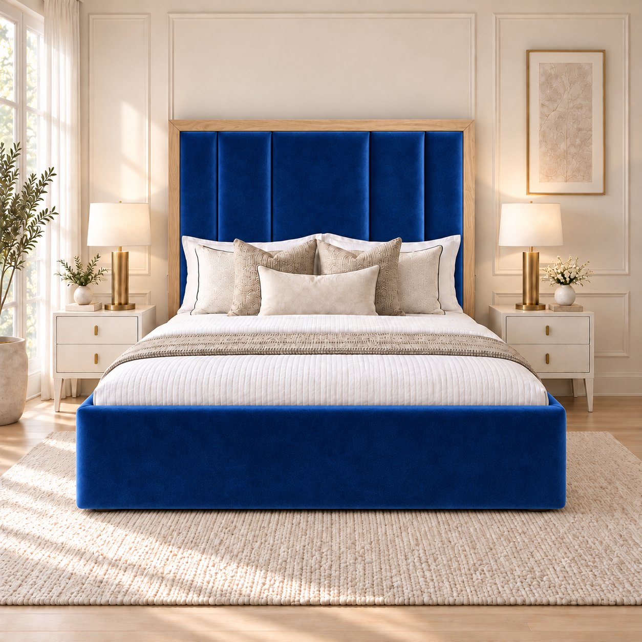 Lucera bed in blue with light oak border, front view