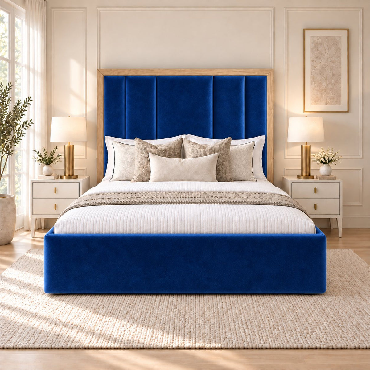 Lucera bed in blue with light oak border, front view
