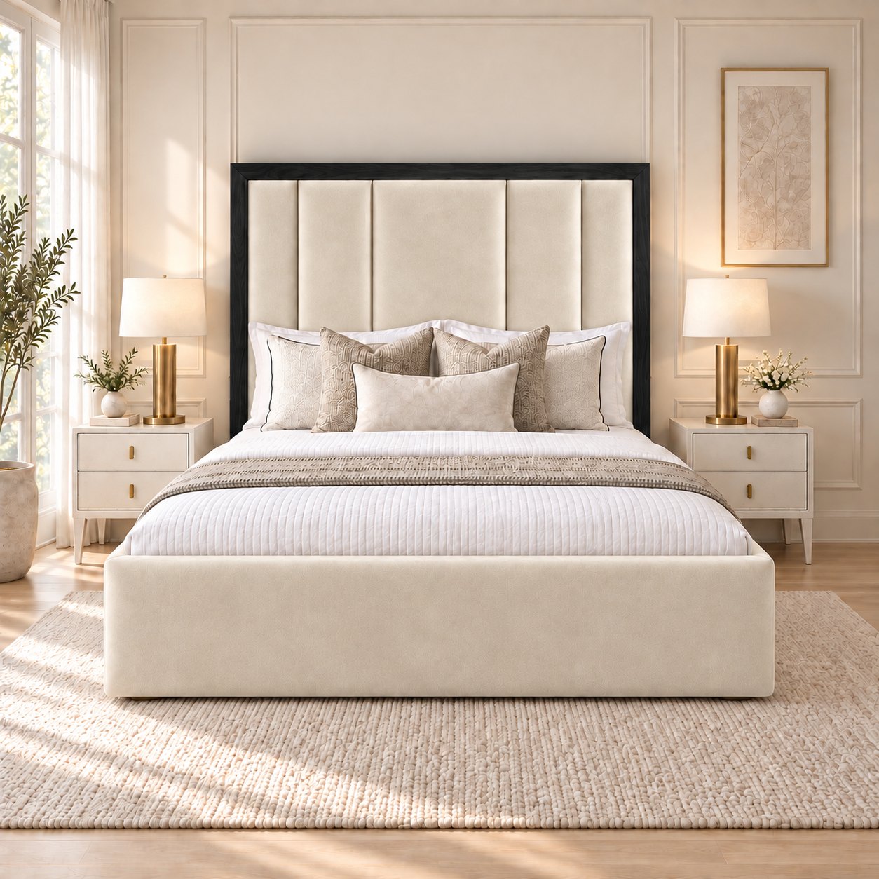 Lucera bed in cream with black border, front view