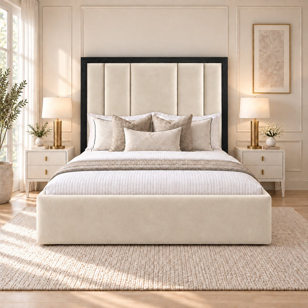 Lucera bed in cream with black border, front view