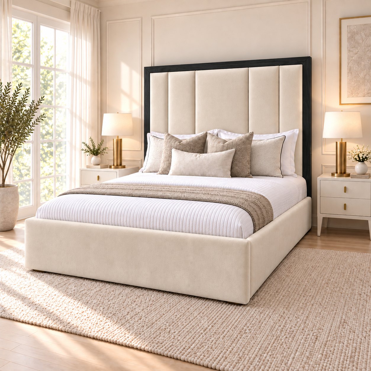 Lucera bed in cream with black border, side view