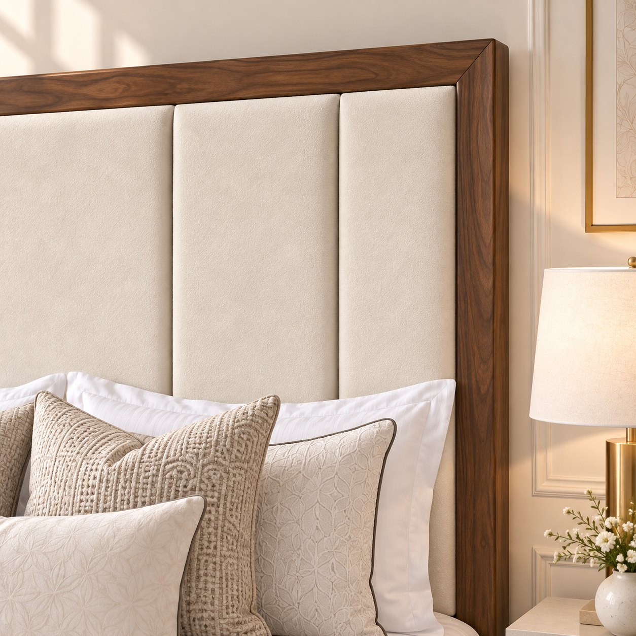 Lucera bed in cream with walnut border, headboard close-up