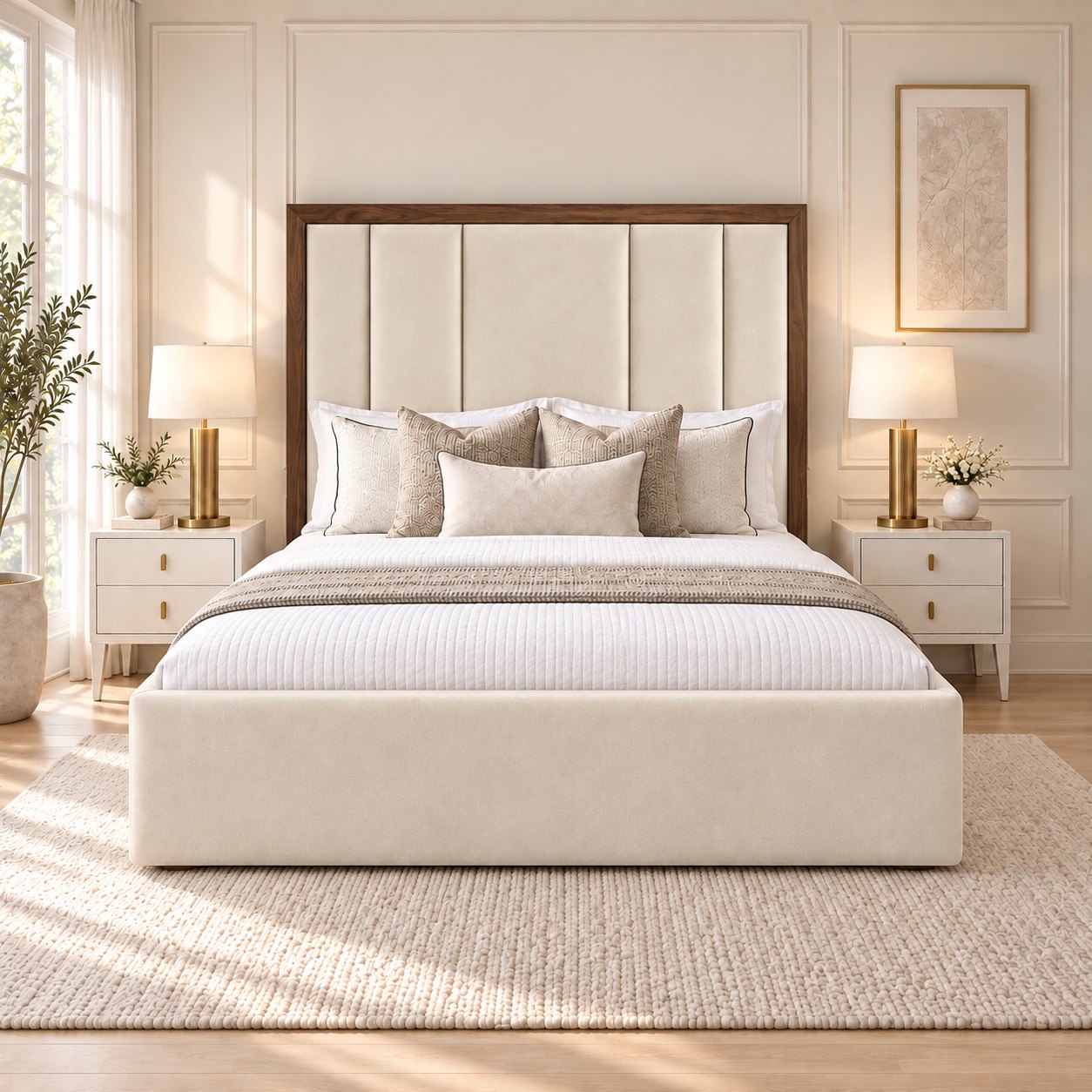 Lucera bed in cream with walnut border, front view