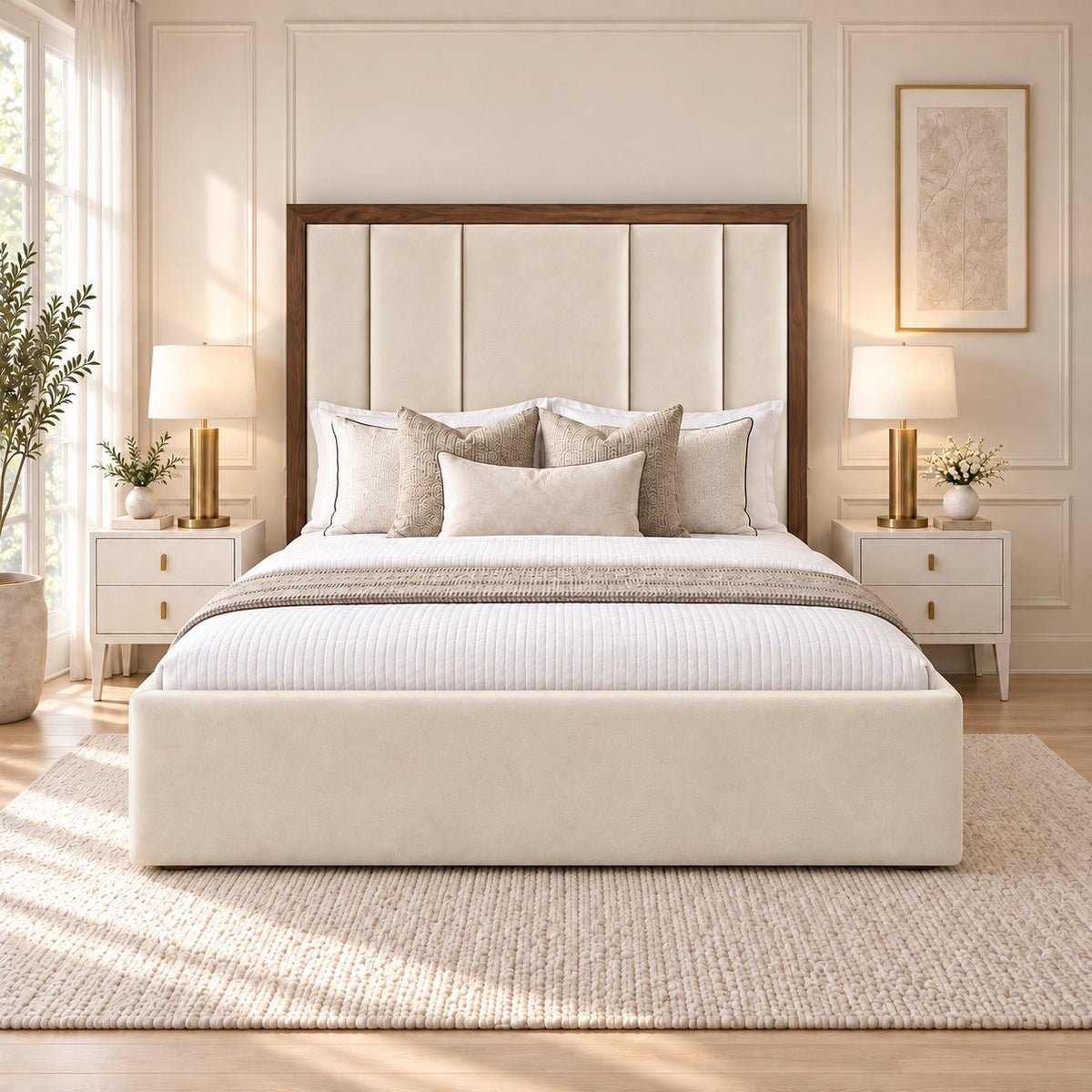 Lucera bed in cream with walnut border, front view