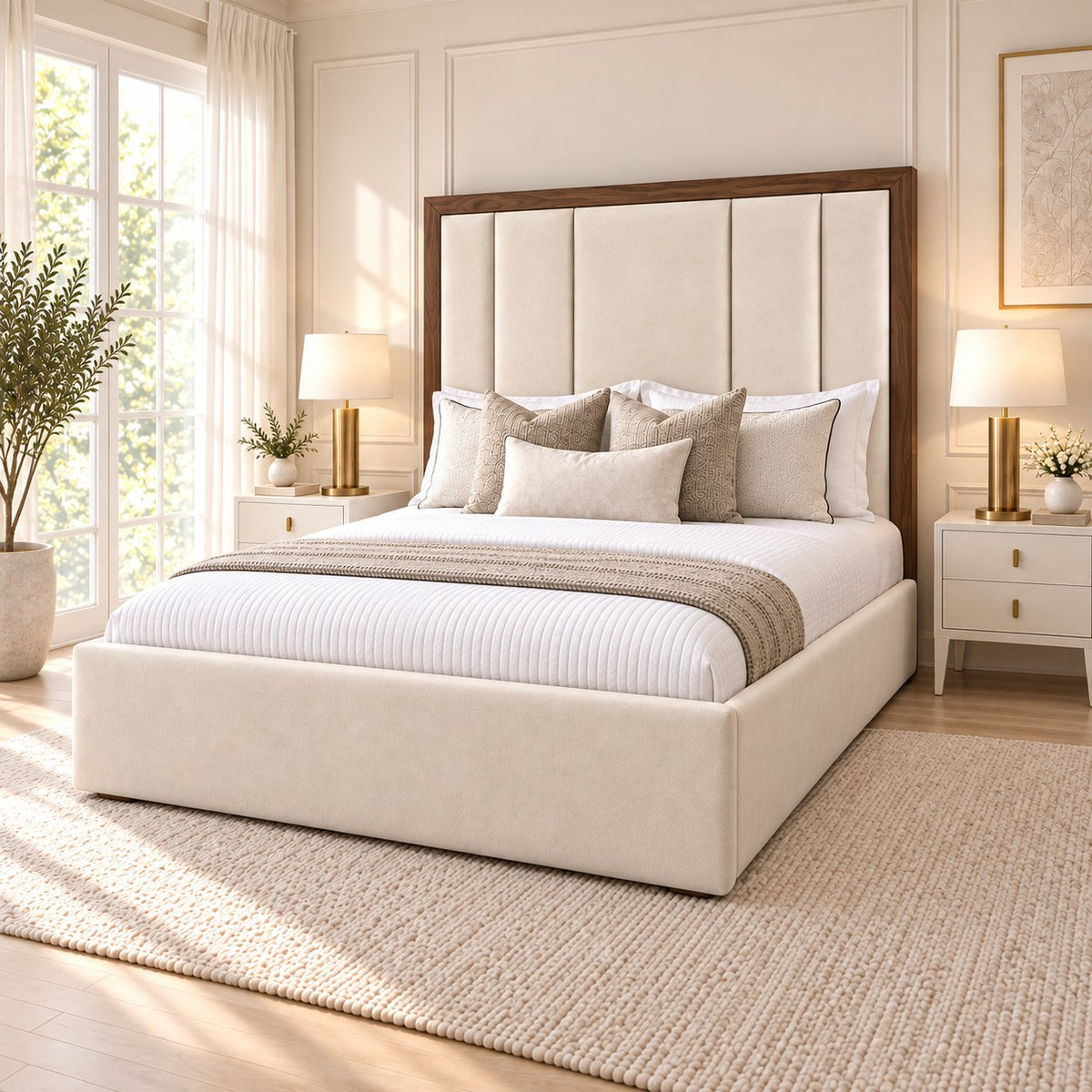 Lucera bed in cream with walnut border, side view
