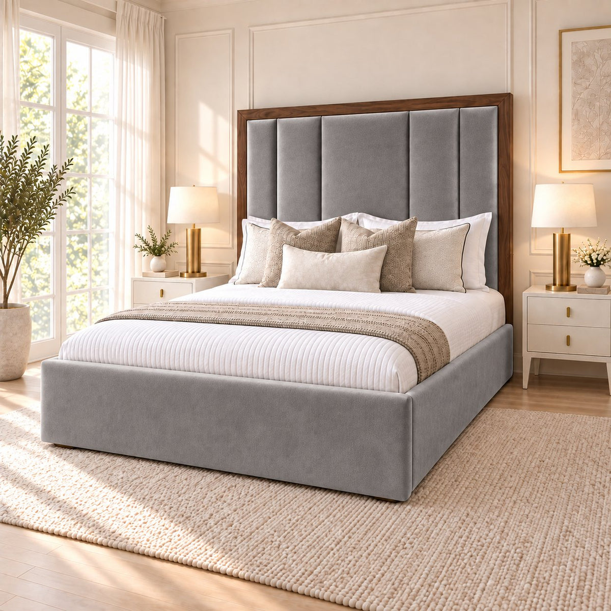 Lucera bed in grey with walnut border, side view