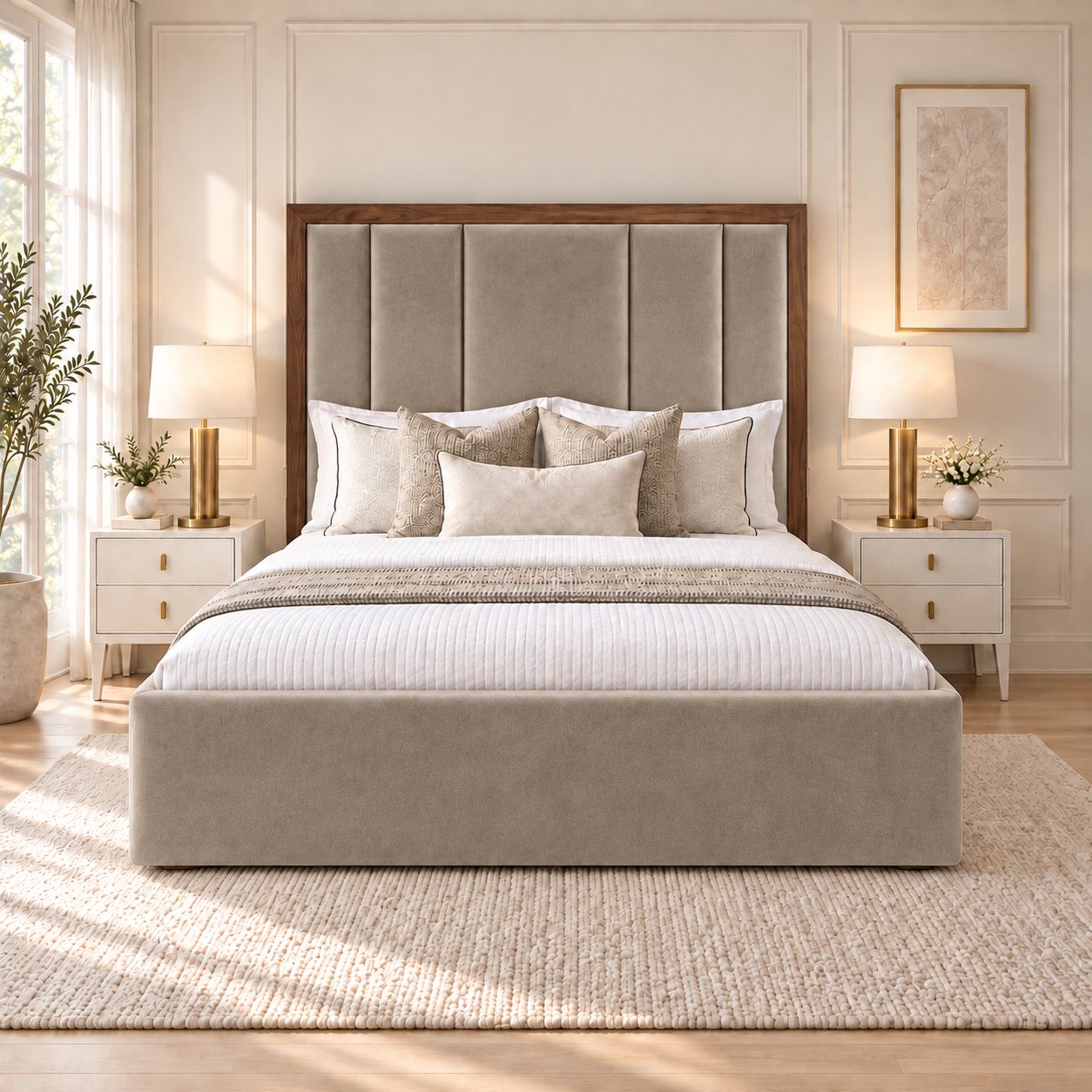 Lucera bed in pebble with walnut border, front view