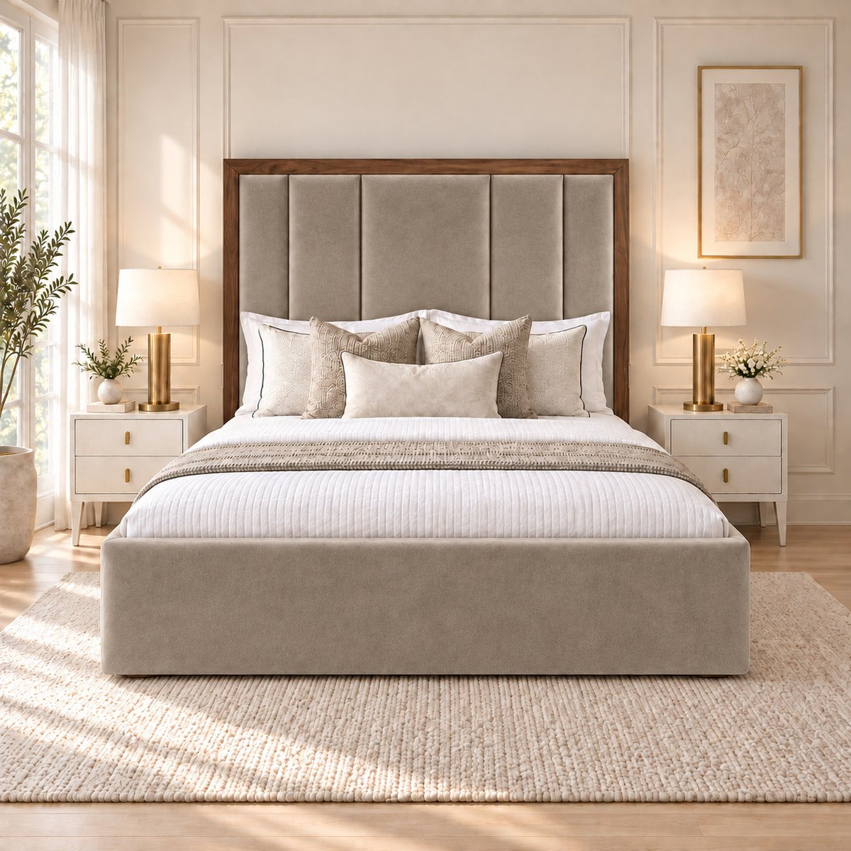 Lucera bed in pebble with walnut border, front view