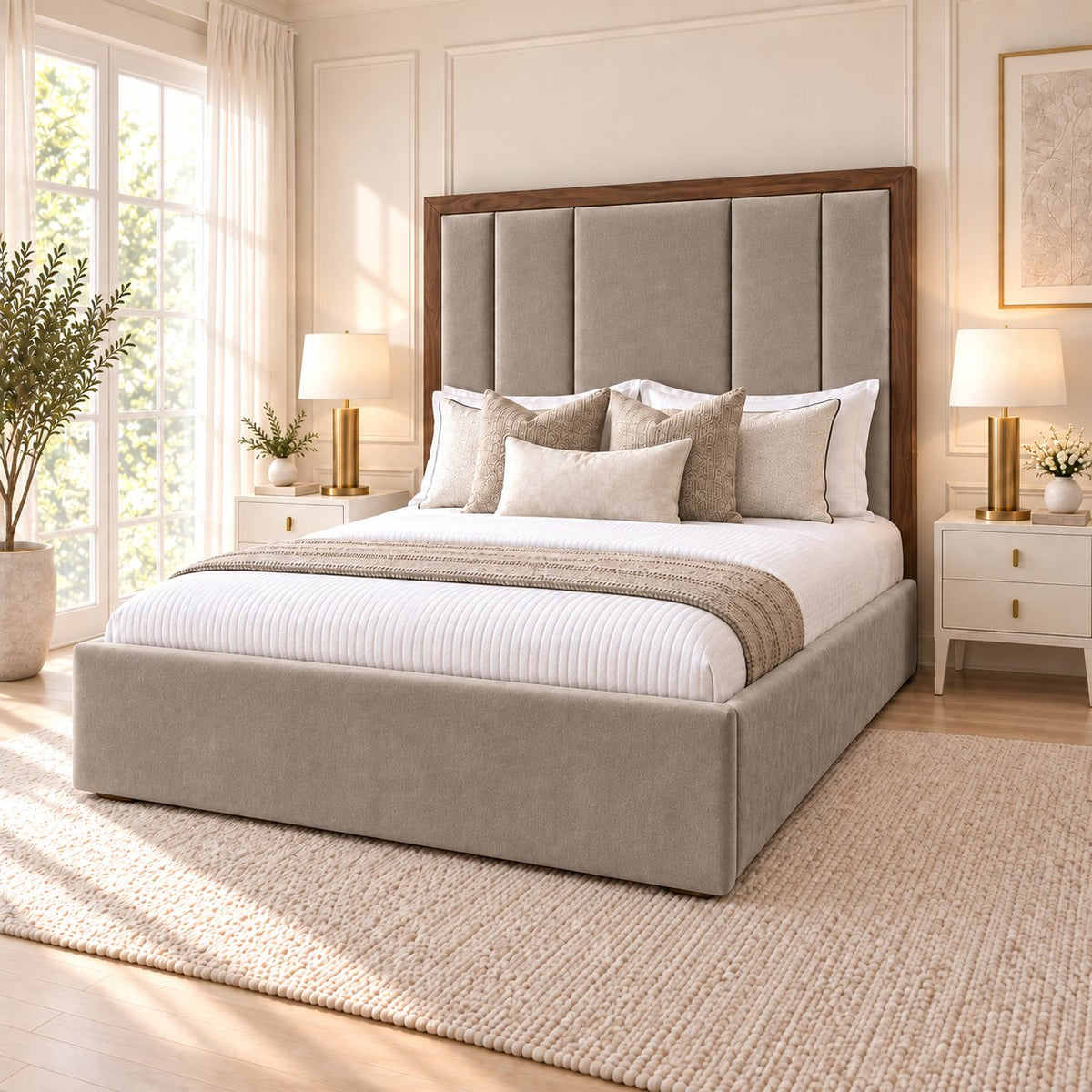 Lucera bed in pebble with walnut border, side view