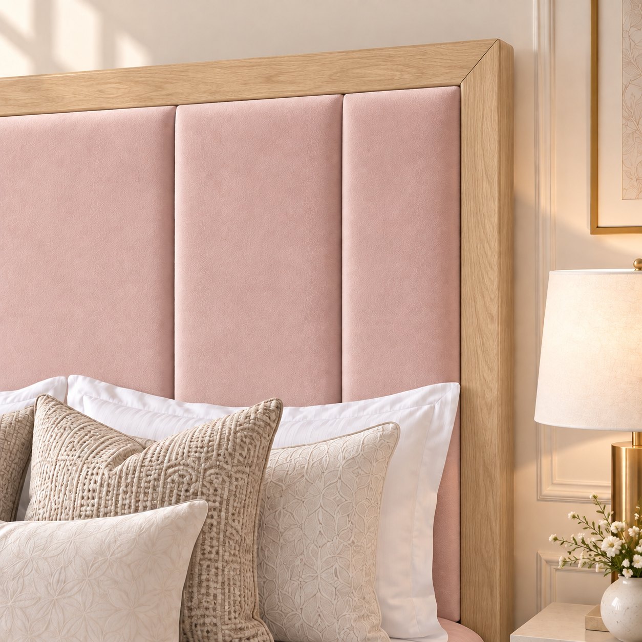 Lucera bed in pink with light oak border, headboard close-up