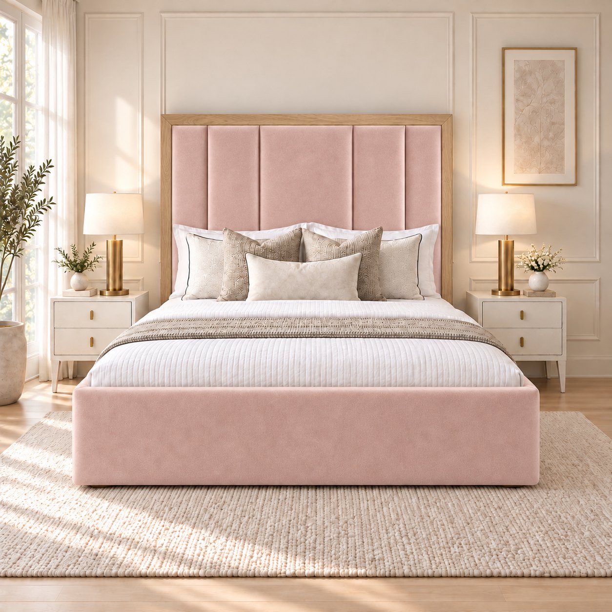 Lucera bed in pink with light oak border, front view